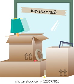 We Moved -  Vector illustration of open boxes with items inside and around them. Eps10