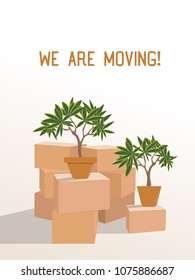 We are moving. Moving with boxes to new home. Pile of stacked cardboard boxes. Plant in the pot. Vector illustration.