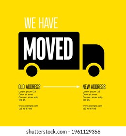 We Are Moving Minimalistic Flyer Template With Place For New Company Office Shop Location Address. We Are Moved Infographic With Car. Template For Poster Flyer With New Address After Relocation.