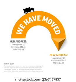 Estamos moviendo una plantilla de volante minimalista con un lugar para la nueva dirección de la oficina de la empresa. Se mueve infografía con flecha triangular amarilla y nueva reubicación de dirección.