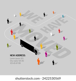 We are moving minimalistic flyer template with place for new company office shop location address. We are moved infographic with car. Template for poster flyer with new address after relocation.