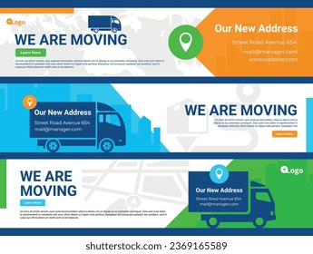 We are moving new address information landing page with truck and map pin set vector flat illustration. Announcement change location position message web banner internet advertising business reminder