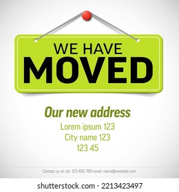 We are moving from one address to another address - minimalistic we have moved flyer template with green notice and place for new company office shop location address. 