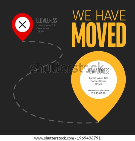 We are moving from one address to another address  minimalistic dark flyer template with place for new company office shop location address. Template for poster flyer with new address after relocation Сток-фото © 