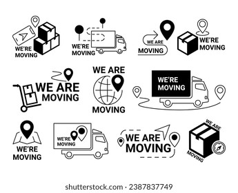 Estamos moviendo el servicio de logística de carga de transporte de carga de línea mínima conjunto de iconos de línea isométrica de ilustración vectorial. Caja de paquetes de camión de carga compañía de transporte a distancia de reubicación del mapa del GPS