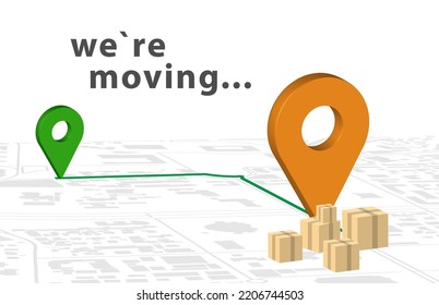 We are moving.  Transportation and moving. Green and orange 3d signs of location  on map. Five Boxes 3d  for moving for your design.  EPS10