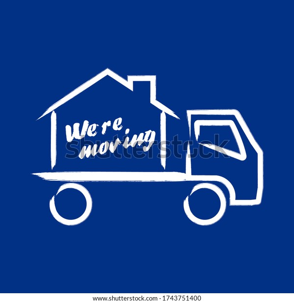 We are moving. Transportation and home removal\
concept. Silhouette of a truck  from brush strokes on blue\
background.  EPS10.