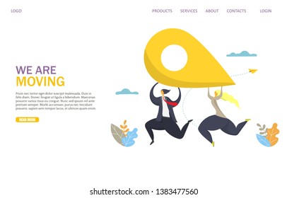 We are moving vector website template, web page and landing page design for website and mobile site development. Business man and woman running with location pin in raised hands. Office relocation.