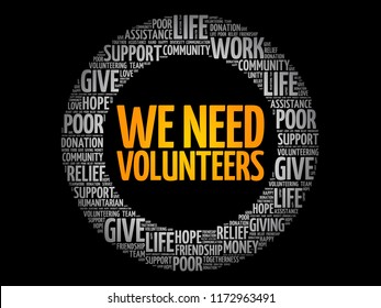 WE NEED VOLUNTEERS word cloud collage, social concept background