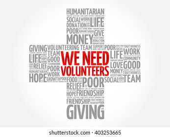 WE NEED VOLUNTEERS word cloud collage, cross concept