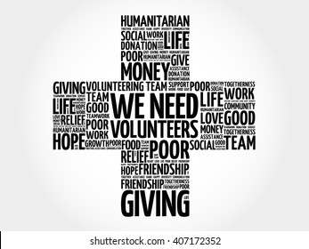 WE NEED VOLUNTEERS word cloud collage, cross concept