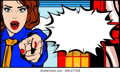 We need you, concept. Surprised Beautiful Woman girl with green eyes pointing to camera next of empty speech bubble. Pop Art retro comic book cartoon drawing vector illustration vintage