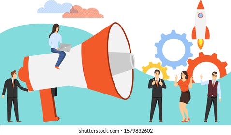 We need you. We are hiring you. A loudspeaker employer invites people to work. A group of people mini characters want to find a job. Vector illustration. Vector.
