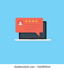 We Need Your Feedback. Rating and customer review feedback concept. Review rating bubble speeches on laptop