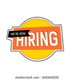 We are now hiring lettering on yellow circle with ribbon and dashed contour. Inscription can be used for announcements, leaflets, posters, banners.