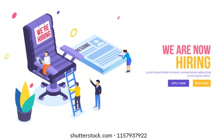 We Are Now Hiring web template design with isometric illustration of candidate selection for a repotated designation.