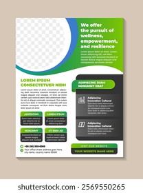 we offer the pursuit of wellness, empowerment, and resilience flyer design. medical brochure and Modern medical leaflet vector template with space for photo. green and blue gradient on element. 