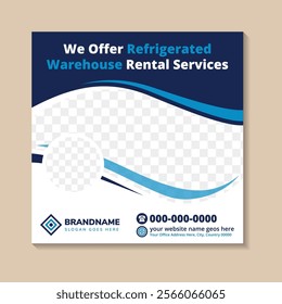 we offer refrigerated warehouse rental services banner template. shipping cargo industry poster leaflet design. transport service on square layout. cover, print ready