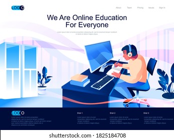 We are Online Education for everyone isometric landing page. Distance learning, online courses isometry website. Student studying with computer web concept, vector illustration with people character.