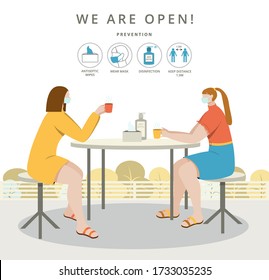 We are open again after coronavirus. Two women drinking coffee in Open Air Cafe after pandemic.Keep social distance. Cute Flat Vector Illustration.Pretty girls sitting outdoors wearing medical mask.