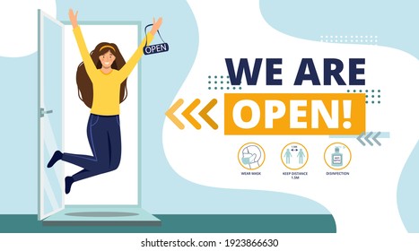 We are open again after lockdown COVID-19.Reopening.Happy woman jumping with open sign in hands.Open a cafe,shop,store,salon,market,restaurant.Small business.Welcome back concept vector illustration.