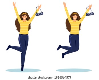 We are open again after lockdown.Happy woman jumping with raised hands and open sign.Reopening.Open business vector illustration.Welcome back after coronavirus.Small business,cafe,shop,store.