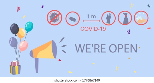 We are Open Again after Quarantine.Tips for Prevention of Coronavirus and Opening Again.Restaurant, Shop and Cafe Re-opening.Welcome Now.Keep Social Distance and Use Face Mask.Flat Vector Illustration