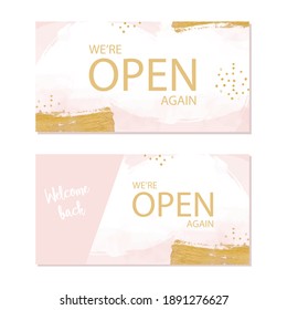 we are open again banner for social media. Concept of reopen store business after pandemic. Advertising background. Gold, pastel vector illustration.
