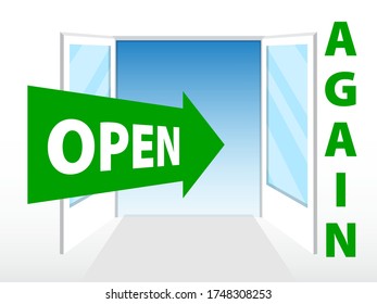We are open again. Open double doors and a green arrow with the word Open. Quarantine weakening concept. Stock vector.  EPS10.  

