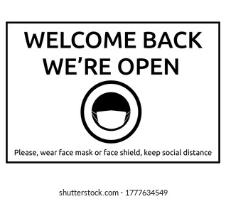 Wir sind wieder geöffnet, ein Informations-Banner für Grußkunden, für die Geschäftswelt, die Eröffnung eines Geschäfts, Café, Restaurant, Friseur, nach der Quarantäne.