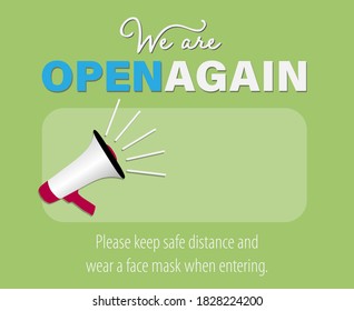 WE ARE OPEN AGAIN, reopen sticker or sign with megaphone and copy space for opening hours or business logo