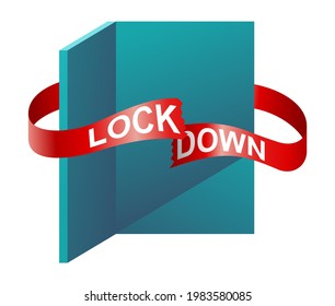 We are open again. Reopening after Lockdown announcement. Cutted red tape and open door. Isolated vector illustration