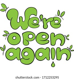 We are open again sign for green industries and business which are starting working after quarantine: park zones, markets, farm stores, vegan shops and shops connected with nature, spring, ecology