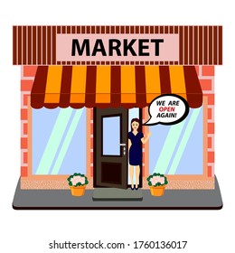 We are open again. Store, market or shop is opened. Business reopening concept.Woman standing to welcome customers in front of the store, Vector illustration.