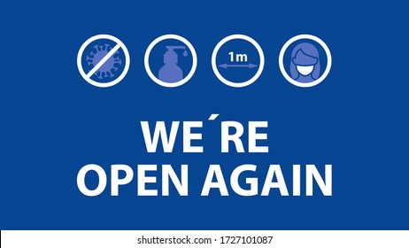 WE ARE OPEN AGAIN Text And Practical Prevention Tips For The Prevention Of COVID19 Coronavirus Contamination. Service, Restaurant, Shop And Cafe Re-opening. Template: Door Sign, Banner, Blog.