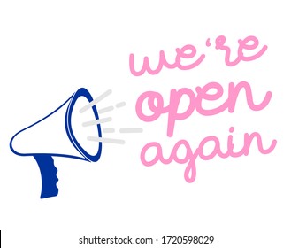 We are open again text vector vintage made for reopening after Covid19 outbreak. reopen. we are open again. re-opening. please come in. we're open again. grand-reopening. 