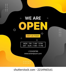 we are open banner design with yellow fluid shapes on black background