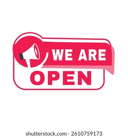 We are open banner element or badge icon template red. Vector symbol design modern.