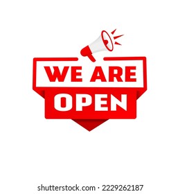 Wir sind ein offenes Banner Symbol Megaphon. Flaches Design. Vektorgrafik.
