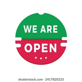 We are open banner modern style sticker icon. Vector design for announcement.