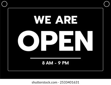 We Are Open Black Sign Board with Business Hours, Elegant Design, Clear Visibility, Perfect for Shops and Restaurants, Essential for Informing Customers