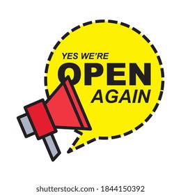 we are open bubble with megaphone line and fill style icon design of Shopping commerce and covid 19 theme Vector illustration