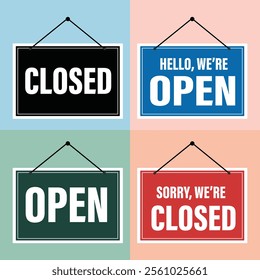 We are open, We are close, business, sign, open, notice, closed, opening, shut, apology, storefront, door hanger.