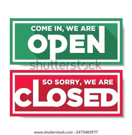We are open, We are closed door signs. Vector modern lettering on transparent background