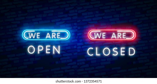 We are OPEN, CLOSED neon text vector design template. Now Open neon logo, light banner design element colorful modern design trend, night bright advertising, bright sign. Vector illustration