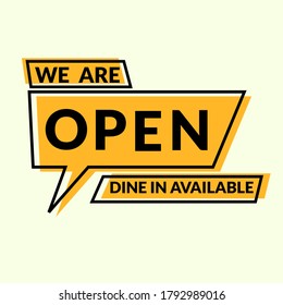 Estamos abiertos y cenamos en el cartel disponible para restaurante, bar, cafetería, bistró, tienda y tienda después de la cuarentena y cierre de COVID-19. Se podría usar en la puerta principal, afiche promocional, campaña de medios sociales