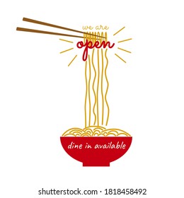 We are open, dine in available sign poster announcement for ramen shop vector illustration