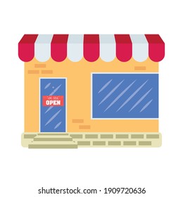somos etiqueta de puerta abierta en el diseño de ilustración vectorial de fachada de tienda