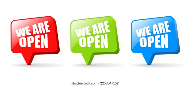 We are open glass web buttons on white background, glossy design elements for promo text and sale advertisement.