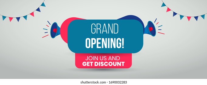 We are open. Grand opening cover banner template for Facebook and twitter. Grand Opening Banner for website. Grand Opening join us and get discount banner for cover with celebration and announcer